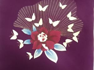 アンティーク　塩瀬手描き薔薇に蝶模様名古屋帯